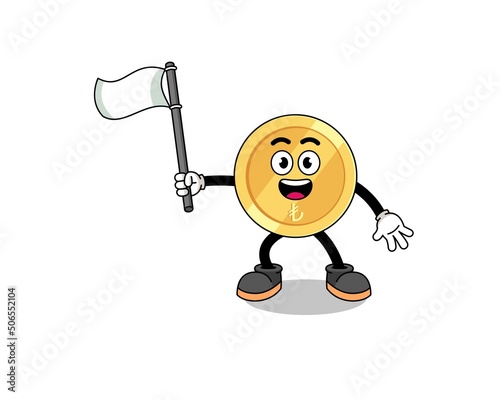 Cartoon Illustration of turkish lira holding a white flag