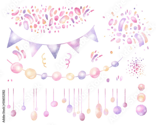 Watercolor hand drawn set with illustration of colorful pink, purple, yellow baby garlands, confetti, flags, doodles isolated on white background. Colorful elements for birthday party