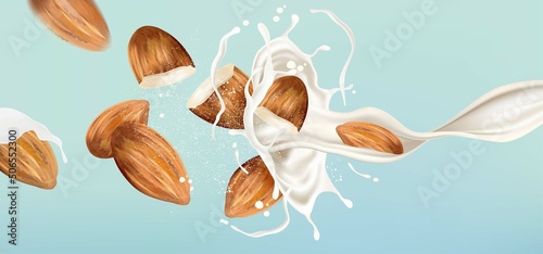 Milk liquid splashing with Almonds seed tropical fruits on solid color background. Vector in 3D illustrations.