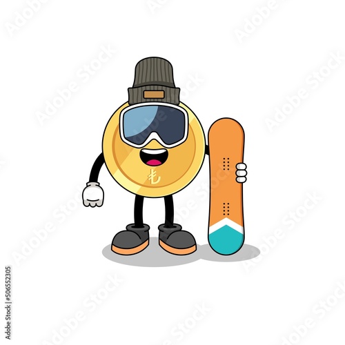 Mascot cartoon of turkish lira snowboard player