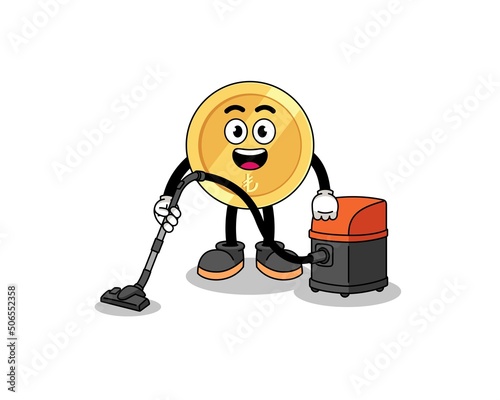 Character mascot of turkish lira holding vacuum cleaner