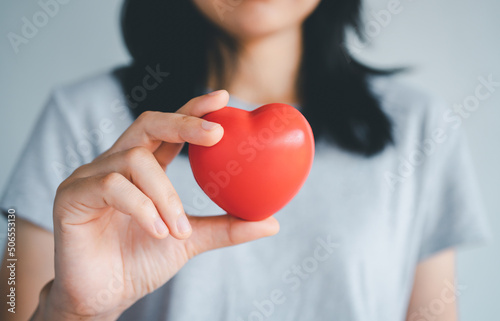 Fototapeta Woman hands holding a red heart, heart health insurance, health care