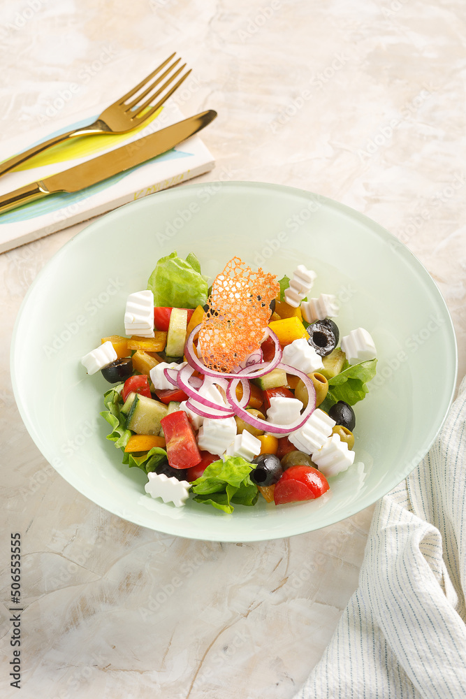 Plate of salad on light grey concrete background Plate of salad on light grey concrete background