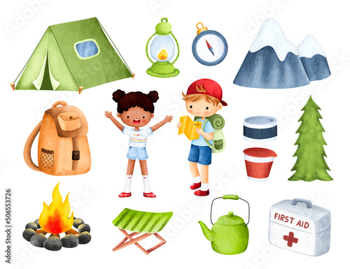 Watercolor set of kids and summer camp 
