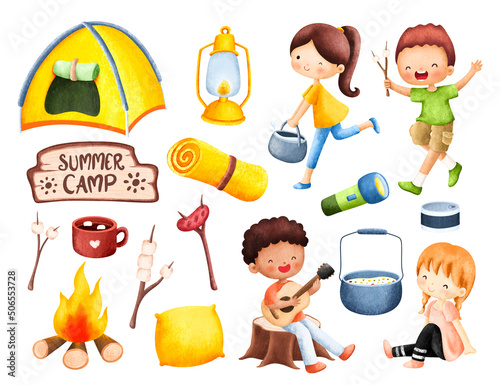 Watercolor set of kids and summer camp 