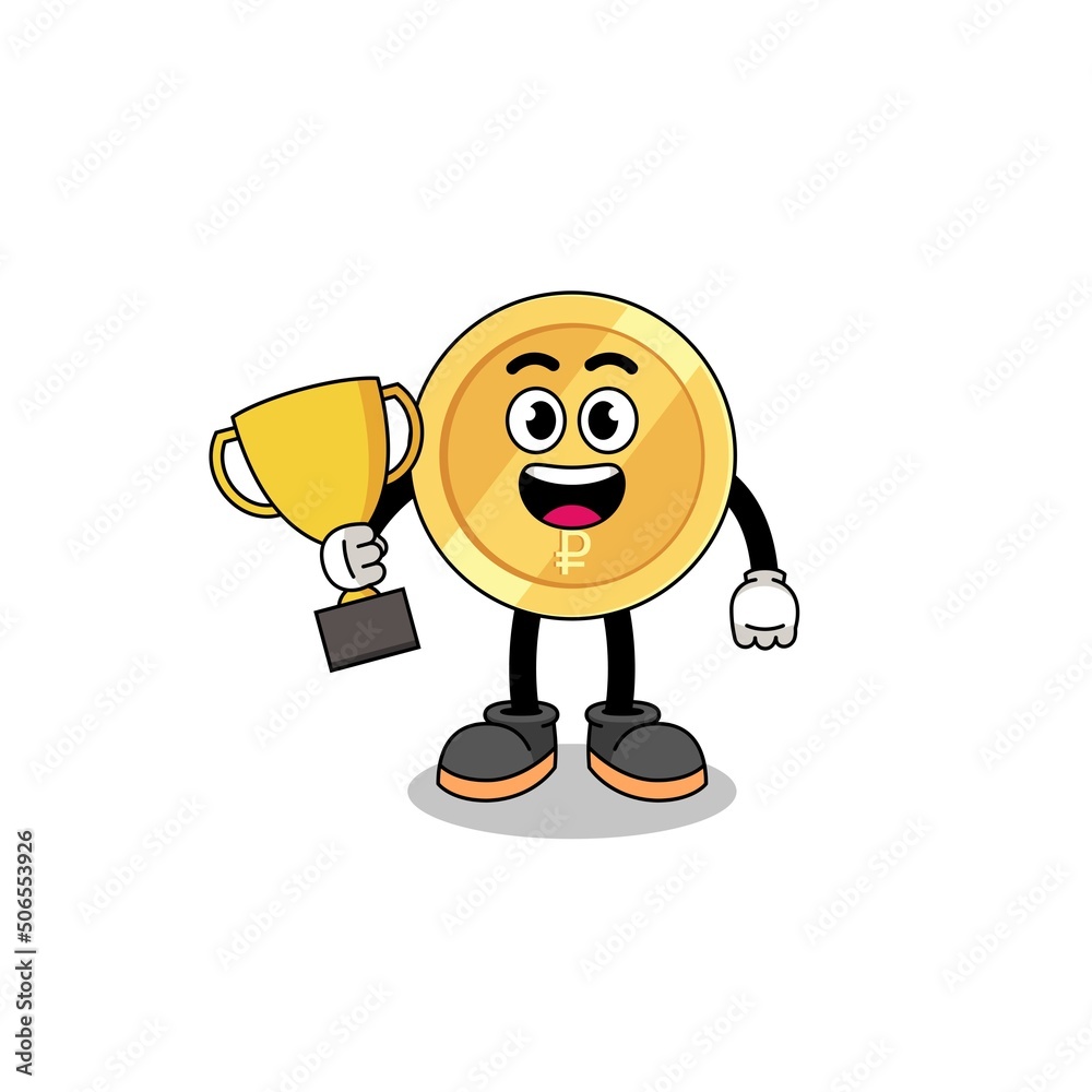 Cartoon mascot of russian ruble holding a trophy Cartoon mascot of russian ruble holding a trophy