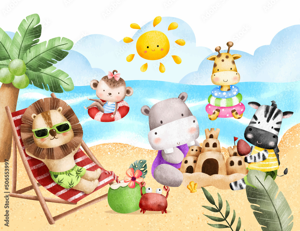 Fototapeta premium Safari animals playing and swimming in summer beach 