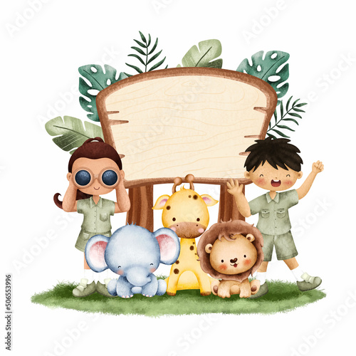 Fototapeta Naklejka Na Ścianę i Meble -  Kids and wooden sign with safari animals 