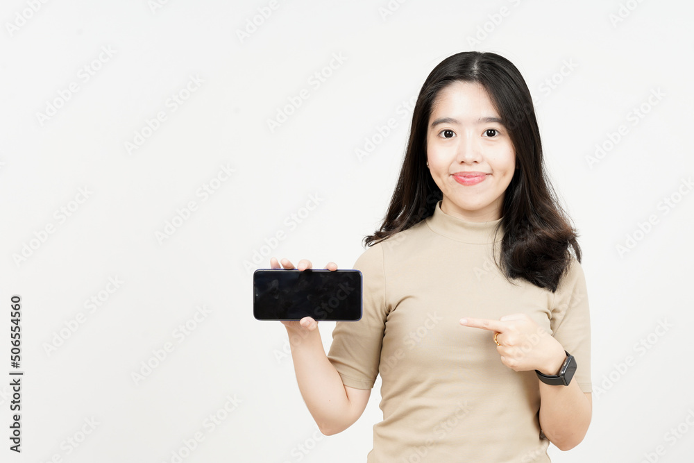 Showing Apps or Ads On Blank Screen Smartphone Of Beautiful Asian Woman Isolated On White Background Showing Apps or Ads On Blank Screen Smartphone Of Beautiful Asian Woman Isolated On White Background