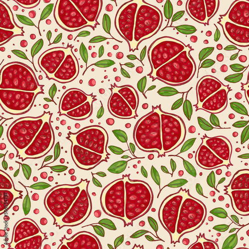 Vector pomegranates with leaves and seeds on a neutral background. Seamless pattern in red and green colors. Fruit and botanical illustrations for print  textile and packaging design.