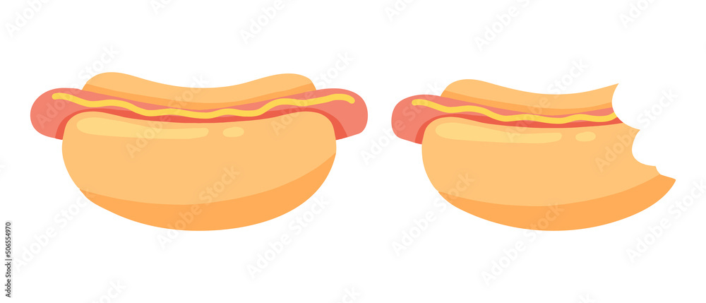 Hot Dog . Bun with sausage and mustard. Fast food. Vector illustration in cartoon style. Street food. Whole and bitten hot dog. Hot Dog . Bun with sausage and mustard. Fast food. Vector illustration in cartoon style. Street food. Whole and bitten hot dog.