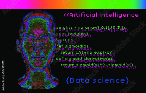 3D human head made of colorful particles on the dark background with random pseudocode of a neural network algorithm. photo