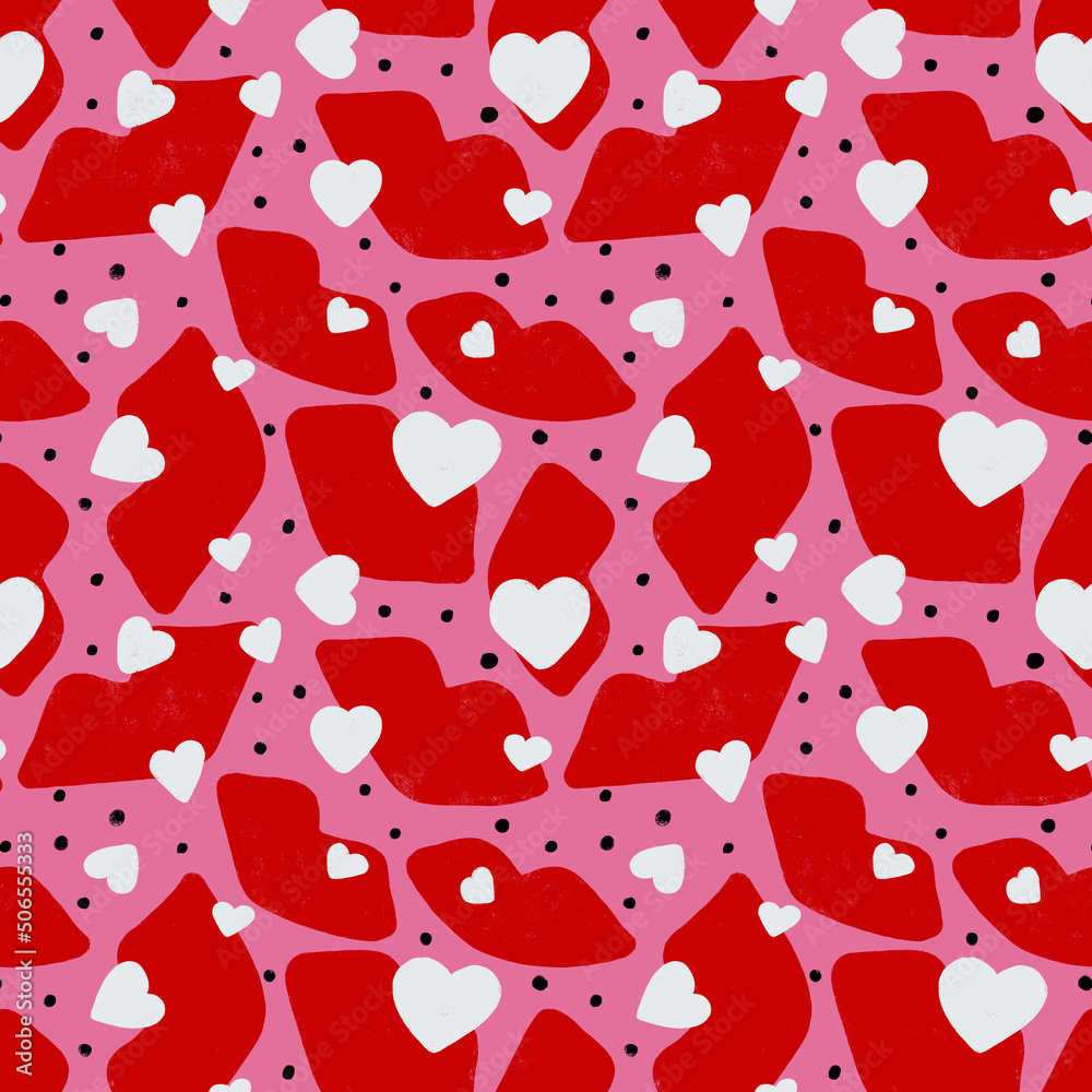Seamless retro pattern with kisses and hearts