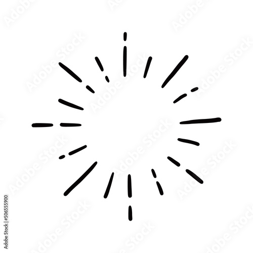 Hand drawn sunburst shine ray and sparkle element. Doodle sketch style. Circle burst of sun, star. Vector illustration.