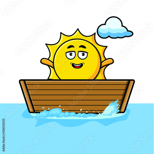 cute cartoon sun get on boat in vector character illustration