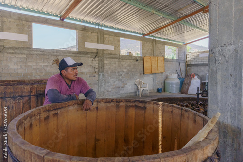 man inspecting the mezcal fermentation tanks photo