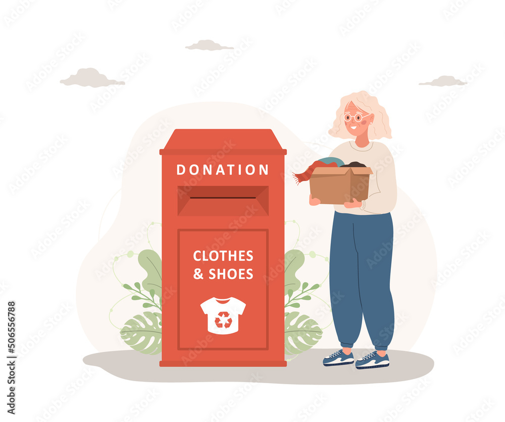 Clothes donation. Elderly woman with cardboard box gives things for recycling or donated. Clothing bin or recycle container. Volunteering and social care. Vector illustration in flat cartoon style. Clothes donation. Elderly woman with cardboard box gives things for recycling or donated. Clothing bin or recycle container. Volunteering and social care. Vector illustration in flat cartoon style.