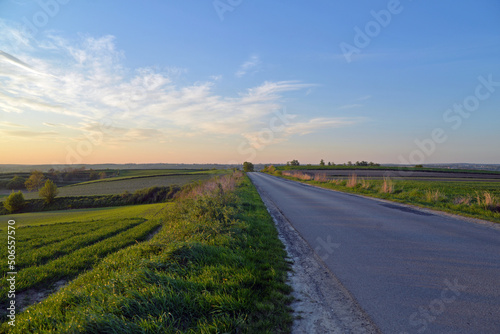 Obraz na płótnie Poland, beautiful landscape. Fields, meadows and grass. Asphalt road. Sunset. Sky and clouds. w salonie