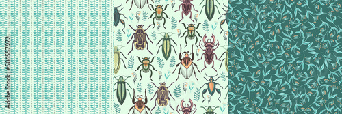Beetles and flower background. Set of 3 seamless patterns. Summer style. Design for textiles, wallpaper, wrapping paper. © skaska_i