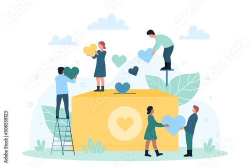 Charity, support and help from community. Cartoon tiny people hold hearts near donation box, group of volunteers give money and assistance flat vector illustration. Awareness, fund, solidarity concept photo