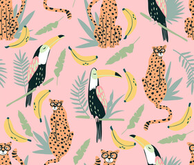 Wandcirkels Kinderkamer patronen Toekans en cheeta's met bananen  © Dovikuu