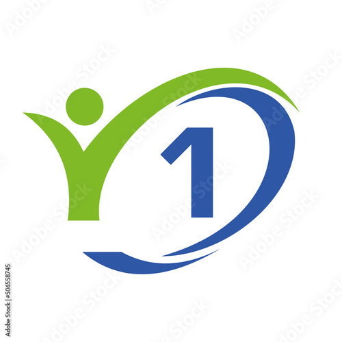 Initial Letter 1 Logo, Medical Design with Human Symbol. People Healthcare and Letter 1 Wellness Logo, Fitness Sign