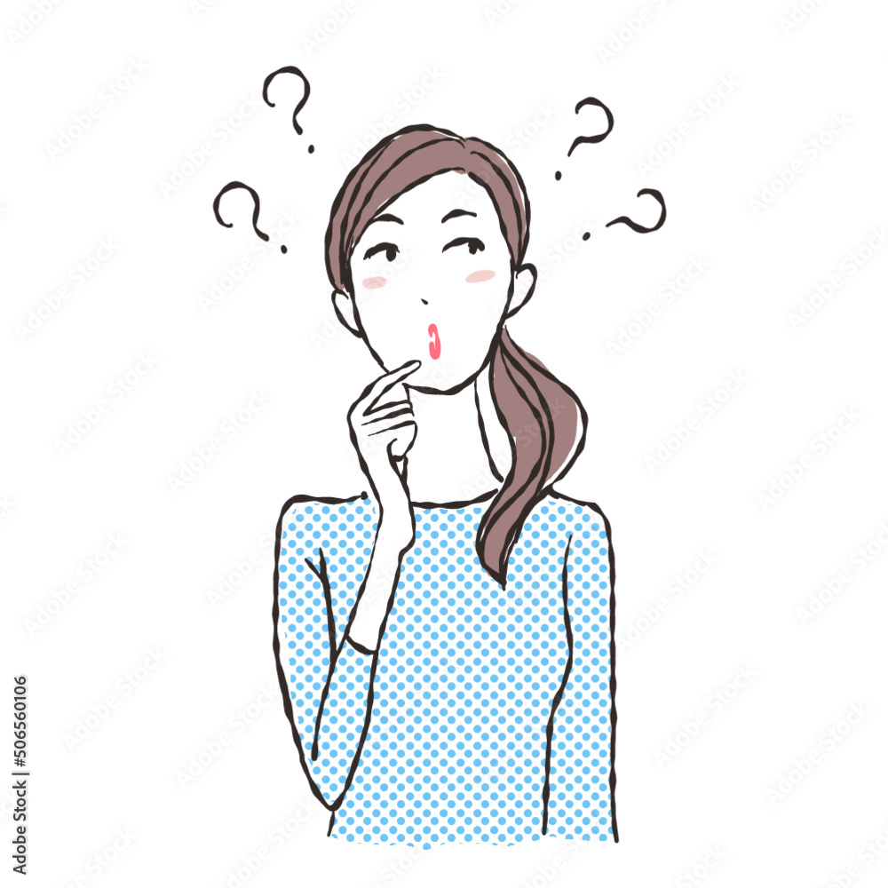 疑問を抱えるポーズをする女性　悩む　イラスト素材