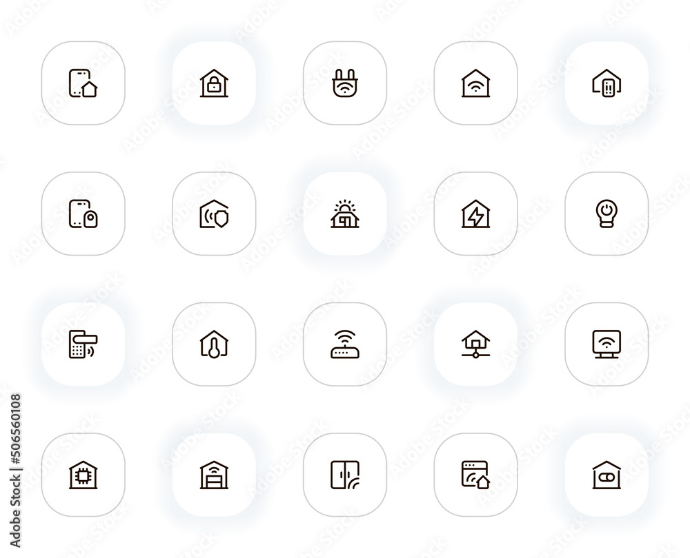 Smart home line icons set. Security, lock, energy, wifi, protection, password, automation, system. Vector outline pictograms for web and ui, ux mobile app design. Editable Stroke. 24x24 Pixel Perfect.