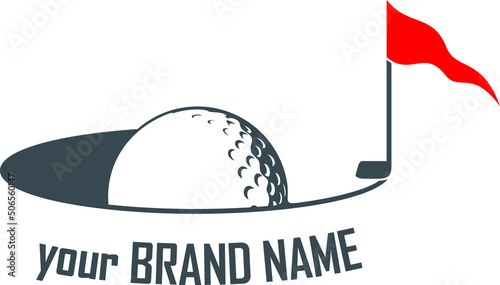 a logo image of a golf ball going into the hole, and an image of a hitting stick with the flag