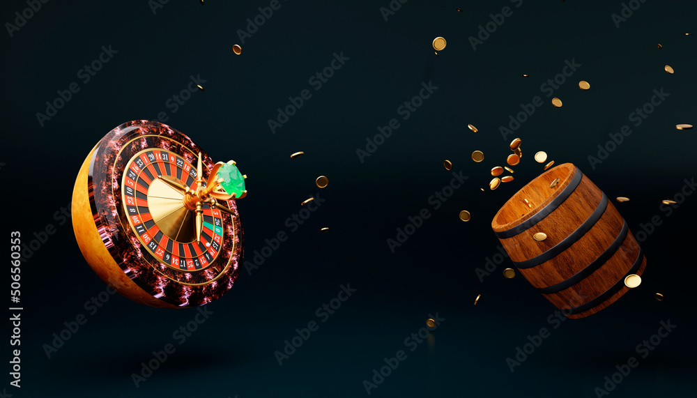 Naklejka premium Online casino. 3D roulette wheel on dark green - blue background. Wood barrel with flying coins. Gambling concept design. 3d rendering illustration.