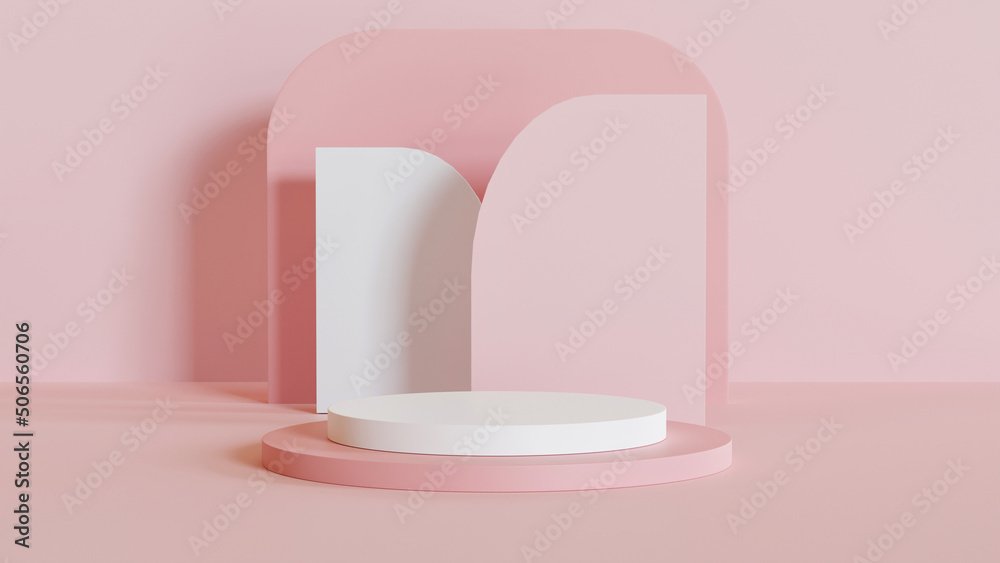 3D rendering of pink podium with pink background. Beautiful minimal scene for products display. Circle pink stage with with pink wall.3d stage on pedestal display pink studio. 3D rendering of pink podium with pink background. Beautiful minimal scene for products display. Circle pink stage with with pink wall.3d stage on pedestal display pink studio.
