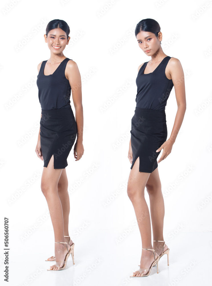 Collage Group Full length Figure snap of 20s Asian Woman black wrapped hair black vast short skirt Collage Group Full length Figure snap of 20s Asian Woman black wrapped hair black vast short skirt