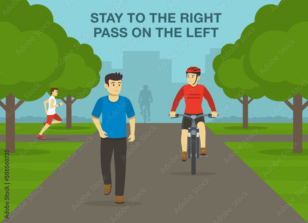 Safe bicycle riding rules and tips. Stay to the right, pass on the left