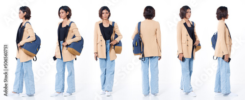 Full length of Asian Indian 20s working woman with curl hair hold cell smart phone backpack blazzer