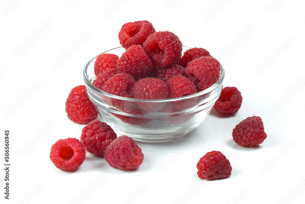 raspberries in a glass bowl isolated on a white background raspberries in a glass bowl isolated on a white background