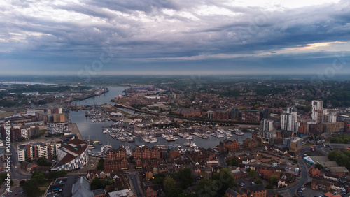An aerial photo of the Wet Dock in Ipswich, Suffolk, UK
