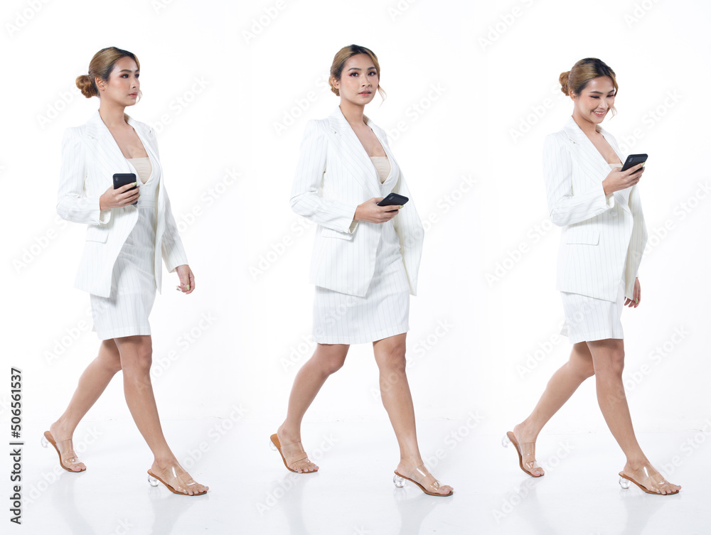 Full length 20s Asian Business woman wear white blazzer formal suit dress skirt. Office Female Full length 20s Asian Business woman wear white blazzer formal suit dress skirt. Office Female