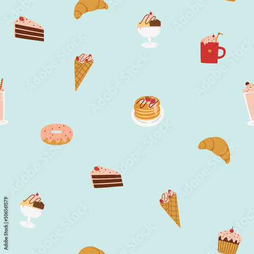 Cute seamless pattern with sweets, cakes, drinks and desserts. Vector hand drawn cartoon style illustration