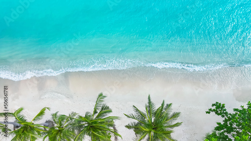 The sunny tropical Caribbean beach with palm trees and turquoise water, island vacation, hot summer day concept photo