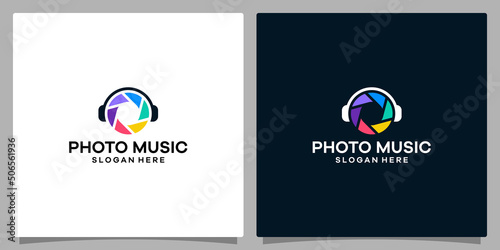 Logo design template Music. Logo headphone with photography camera shutter logo. Premium vector