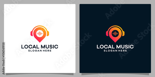 Logo design template Music. Logo headphone with symbol mark pinpoint location. Premium vector