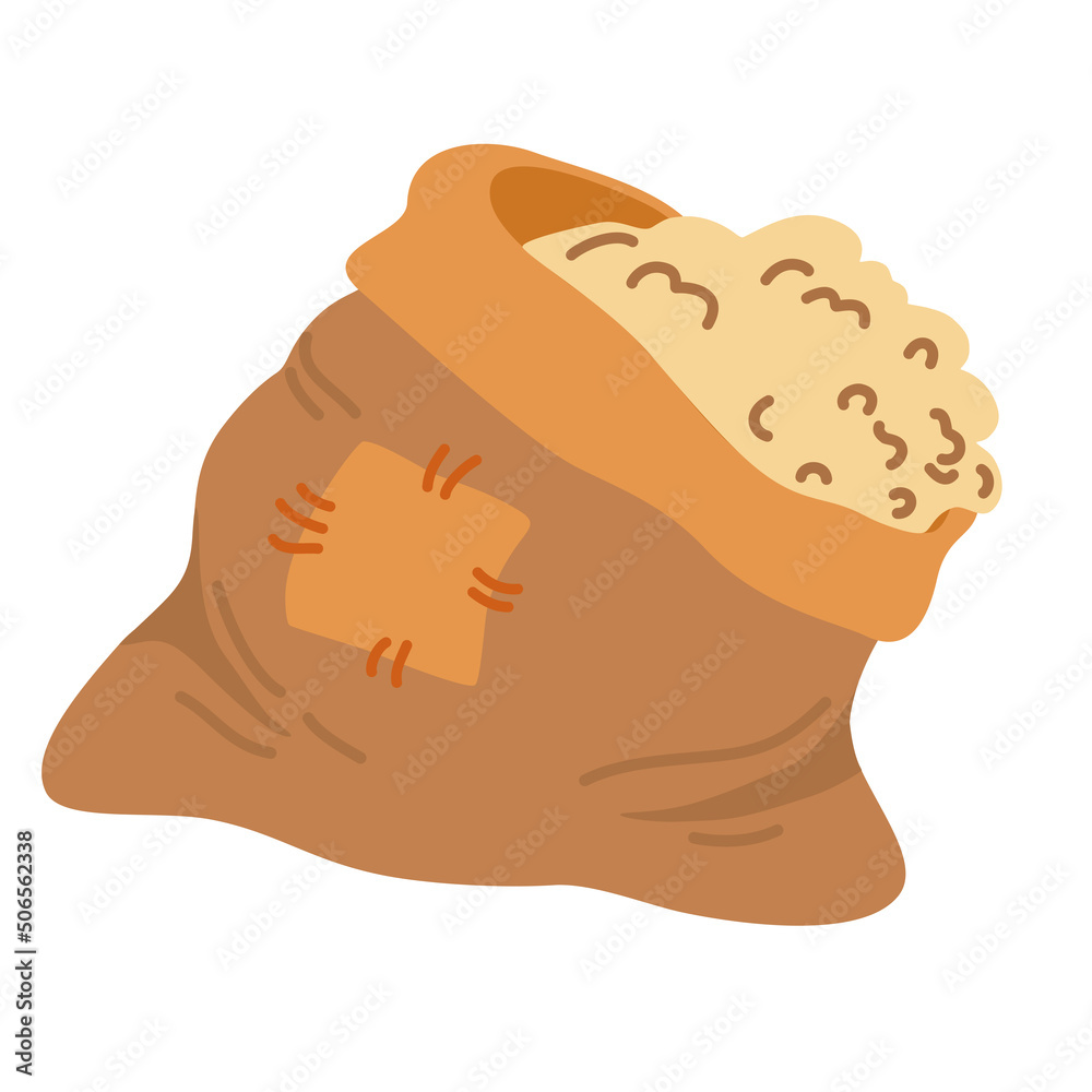 Bag flour and wheat ears. Wheat, rye, rye ear, symbol of farming, bread, harvest. Whole stems, an organic vegetarian element of food packaging. Vector flat illustration. Bag flour and wheat ears. Wheat, rye, rye ear, symbol of farming, bread, harvest. Whole stems, an organic vegetarian element of food packaging. Vector flat illustration.