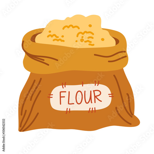 Bag flour and wheat ears. Wheat, rye, rye ear, symbol of farming, bread, harvest. Whole stems, an organic vegetarian element of food packaging. Vector flat illustration.