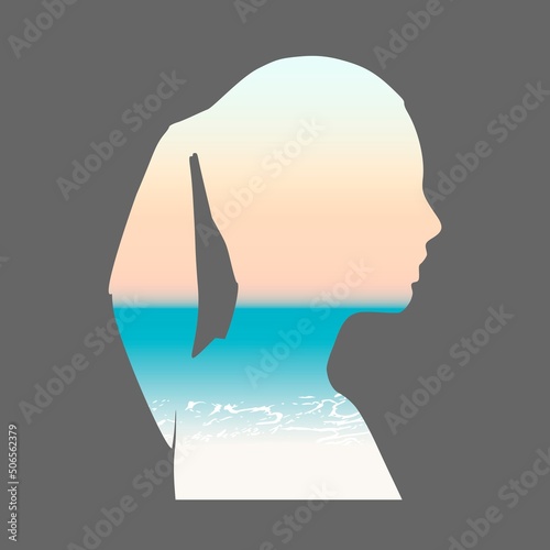 Blue sea, yellow sand background. Tropical beach. Double exposure portrait of young woman and seashore