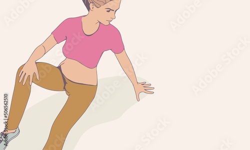 Sitting woman. Sport girl illustration. Casual sportwear - t-shirt, breeches and sneakers. Young woman wearing workout clothes. Sport fashion girl outline in urban casual style. Top view