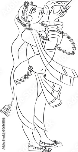 Indian village morning rituals. the lady blowing conch in the temple. Drawn in Indian folk art, Kalamkari style. for textile printing, logo, wallpaper