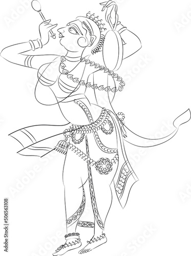 Indian village morning rituals. the lady banging plate as a bell,  in the temple. Drawn in Indian folk art, Kalamkari style. for textile printing, logo, wallpaper