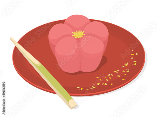 赤くて丸い和風の皿に置かれた和菓子のイラスト　梅の練りきり