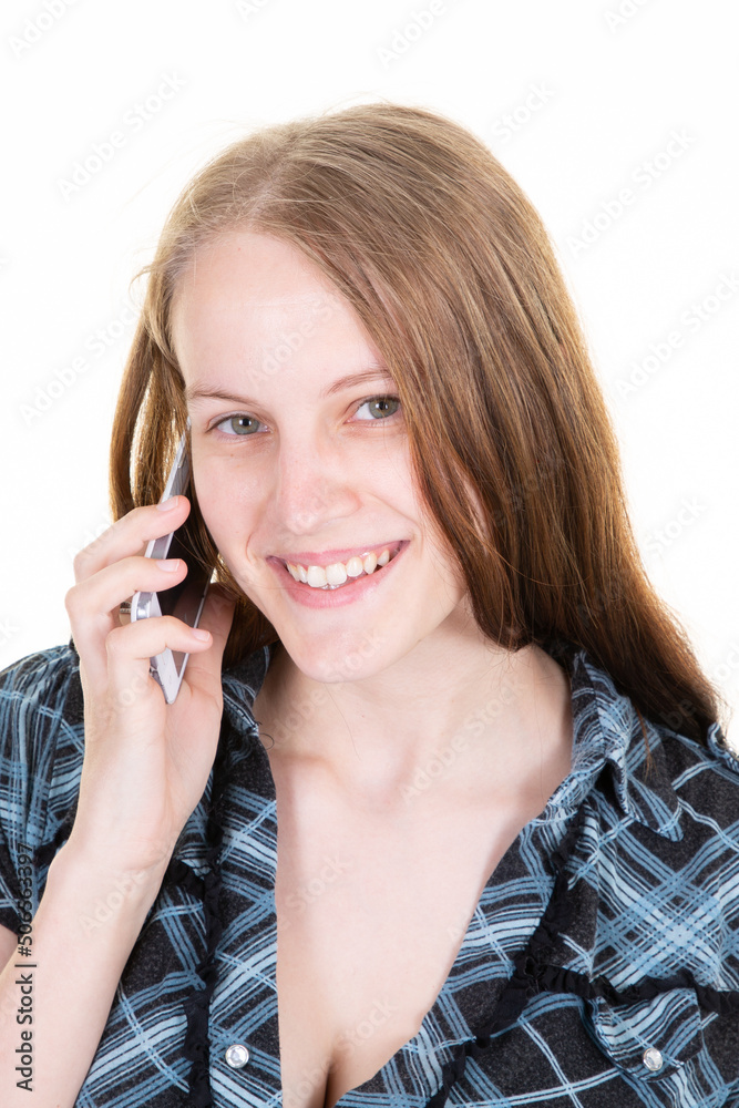 portrait of young happy smiling woman talking on the phone portrait of young happy smiling woman talking on the phone
