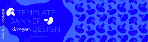 Vector banner template with mushrooms seamless pattern. Hand drawn mushroom ornament for packaging design. Label champignon, vegetable, vegan protein badge. Vegetarian food. Mushroom soup ingredients.